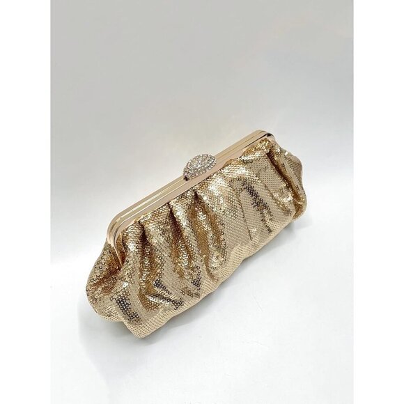 🆕Women Gold Silk Fish Scale Sequins Pleated Clutch Bag Crossbody with Rhine - Picture 3 of 6